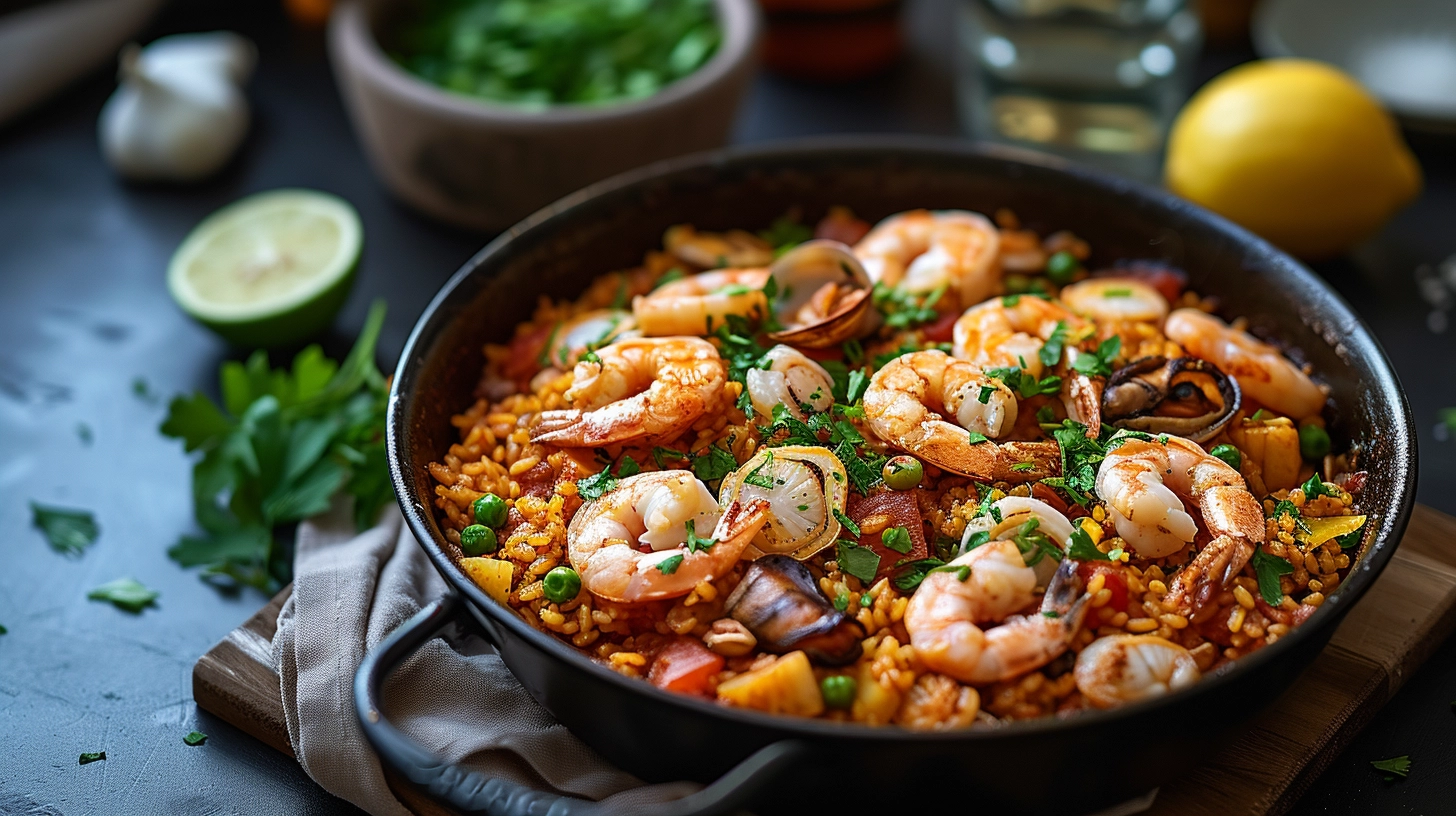 A traditional Valencian paella, brimming with rabbit, chicken, green beans, and snails, cooked to perfection in a large, shallow paella pan, showcasing the vibrant colors and textures of the ingredients against the golden hue of the saffron-infused rice.