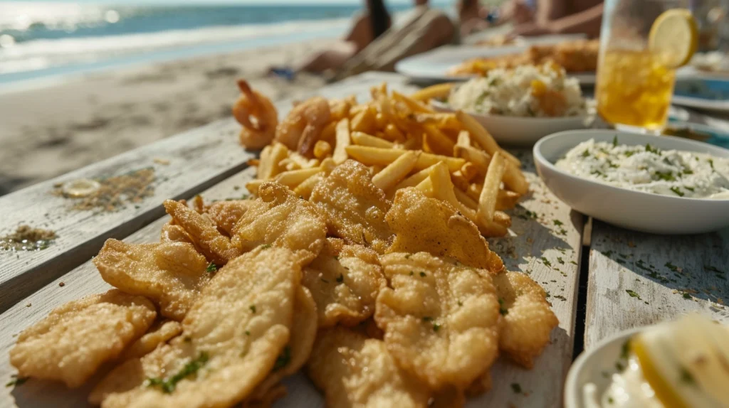 A plate of golden-brown fish and chips served with a side of tartar sauce