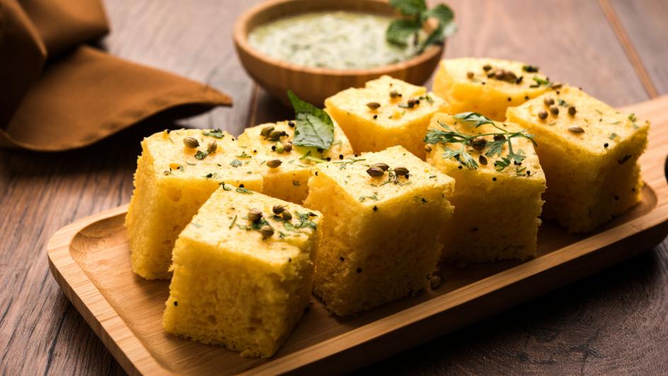 Ingredients for making Dhokla including gram flour and spices